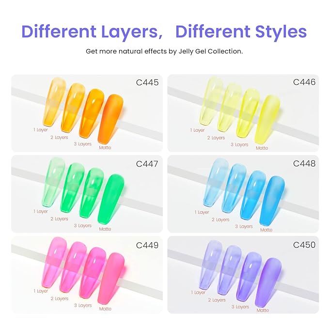 Beetles Neon Gel Nail Polish Set, 6 Summer Colors Jelly Gel Polish Kit Pink Orange Yellow Blue Green Purple Sheer Translucent Effect Soak Off UV French Nail Art Manicure Gifts for Girls Women