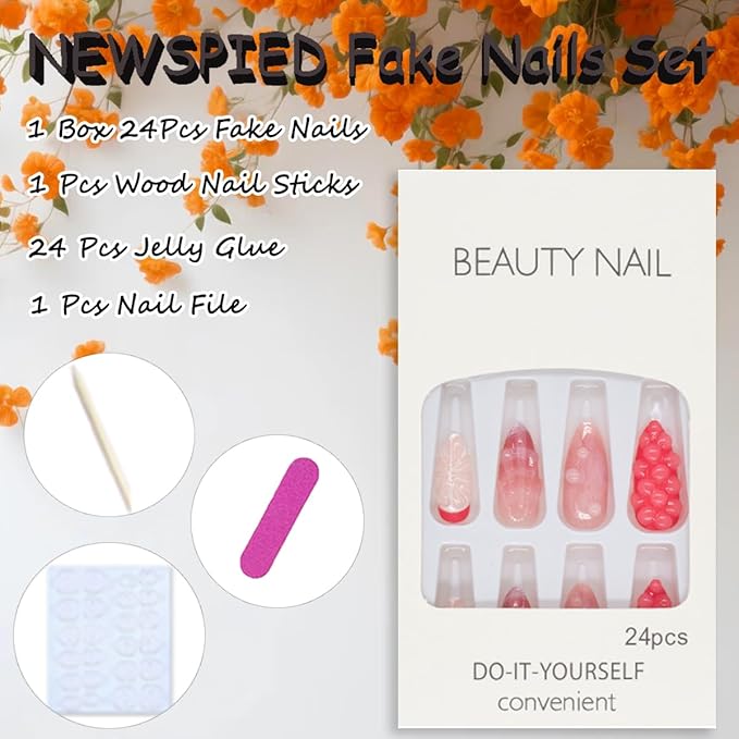 24Pcs Pink Cherry Press on Nails Medium Almond Fake Nails Summer Fruit False Nails 3D Grapefruit Strawberry Water Drop Designs Pink Cute Nails Full Cover Acrylic Stick on Nails for Women DIY Manicure