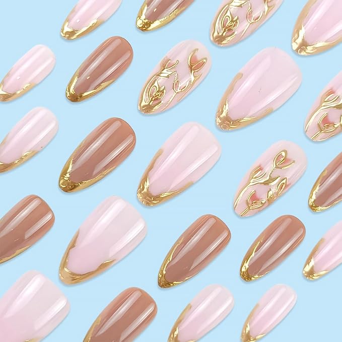 24Pcs Gold French Tip Press on Nails Medium Almond Fake Nails with 3D Flower Design Gilding False Nails Full Cover Artificial Glue on Nails Spring Summer Stick on Nails Glossy Nail Supplies for Women