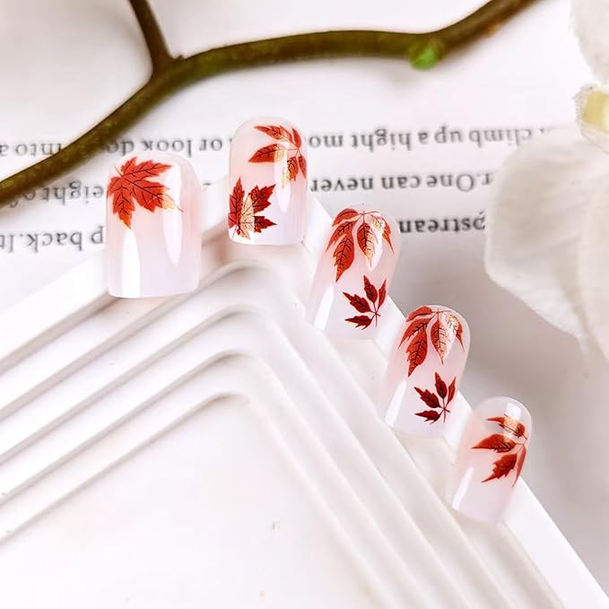 Fall Press on Nails Short Square Glossy Fake Nails with Glitter Maple Leaves Designs Pink White Gradient Acrylic False Nails Autumn Stick on Nail Artificial Gel Glue on Nail for Women 24Pcs