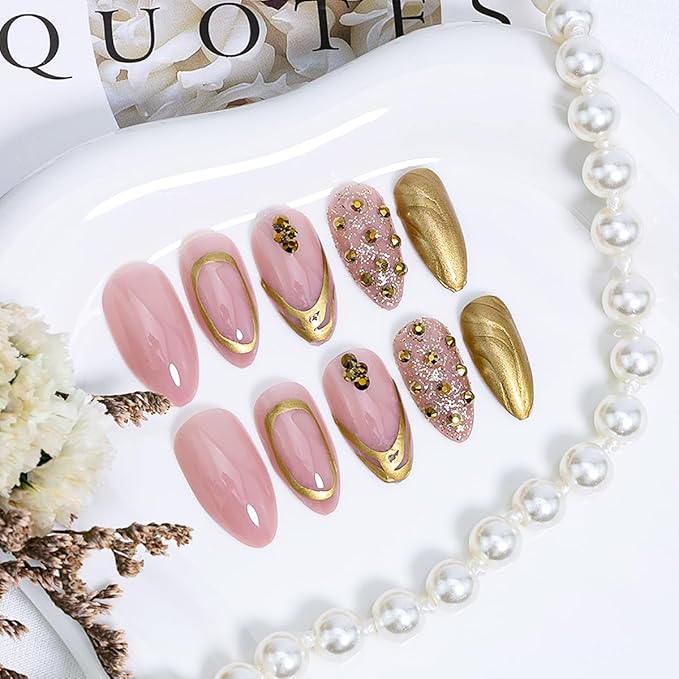 24Pcs Gold French Tip Press on Nails Medium Almond Fake Nails with Glitter Rhinestones Full Cover Acrylic Nails Gold Chrome Glue on Nails Almond Artificial False Nails French Stick on Nails for Women