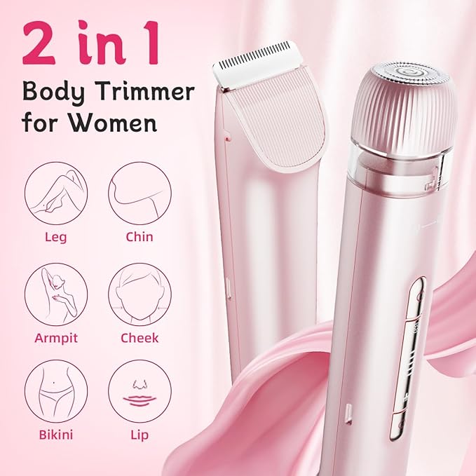 Bikini Trimmer for Women, 2-in-1 Electric Lady Shaver for Bikini Line & Sensitive Areas – IPX7 Waterproof Wet & Dry Razor for Underarms, Legs, Arms, Body & Face, USB-C Rechargeable, Pink
