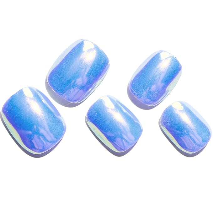 GLAMERMAID Extra Short Press on Nails 24PCS, Handmade Lake Blue Chrome Fall Gel Glue on Nails, Glossy Round Reusable UV Finish Fake Nails Acrylic False Nails Manicure Kits for Women