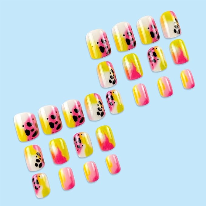 Short Press On Nails Square Fake Nails Leopard Print With Gradient Design Summer False Nails Full Cover Acrylic Nails Artificial Nails Glossy Glue On Nails Stick On Nails For Women 24pcs
