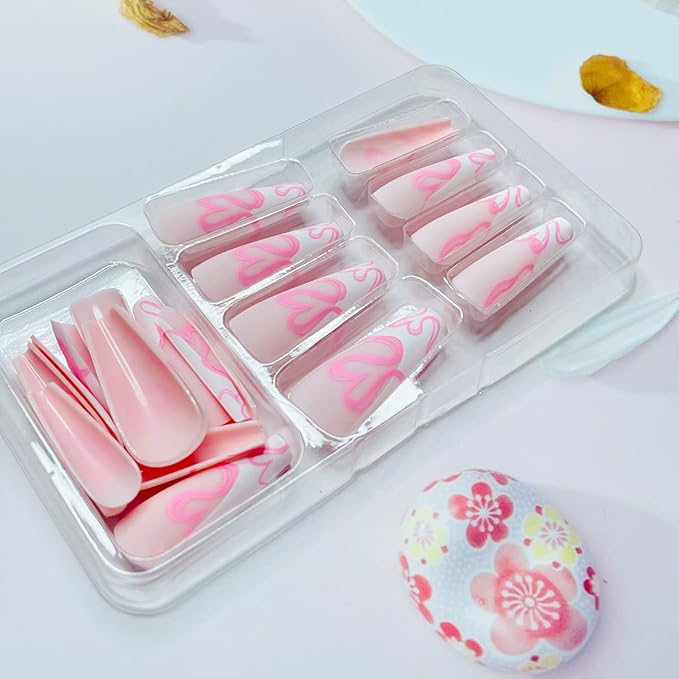 Long Press on Square French Tip Fake Nails - Glossy Glue-On Full Cover Nude Pink Acrylic False Tips With Heart Design - Coffin Stick-On Manicure Supplies for Women Girls - 24Pcs