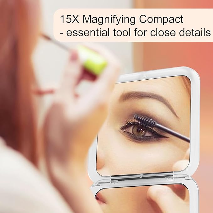 15x Magnifying Compact Mirror for Purses and Travel - Handheld 2 Sided 15x/1x Makeup Mirror - Slim Pocket Mirror, Portable & Foldable Square 3.3” x 3.3” (Silver)