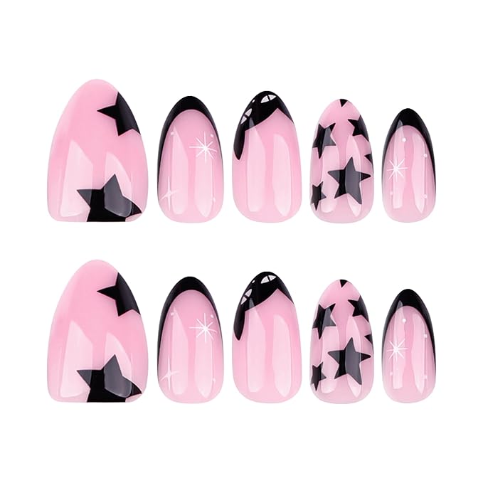 Press On Nails Spring Acrylic Nails for Women - Star French Designer Fake Nails Short Almond 24PCS, Glossy Soft Gel with Glue, Outdoor Picnic/Wedding/Party Reusable Stick On Nails Gift