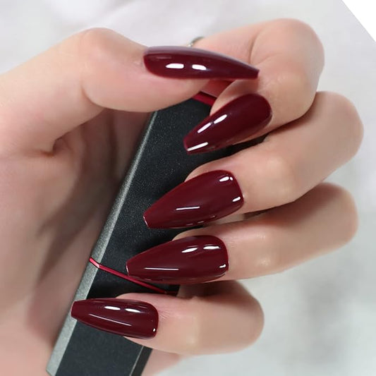 Glossy Deep Cherry Red Fake Nails Long Ballerina Coffin Press on False Nails Manicure Nail Tips Set for Women Girls Finger Wearable