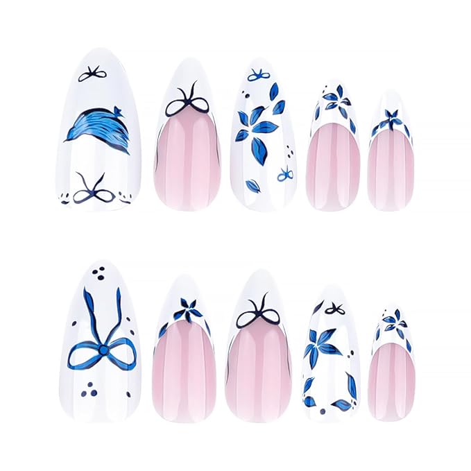 24Pcs Blue Flower Press on Nails Medium Almond French Tip Fake Nails with Bow Design White Glossy False Nails Full Cover Artificial Glue on Nails Spring Summer Stick on Nail for Women DIY Manicure