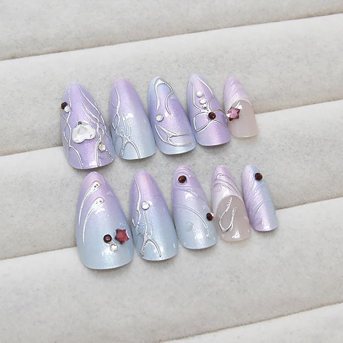 24Pcs Purple French Tip Press on Nails Medium Almond Fake Nails with Black 3D Star Colorful Ripple Design Handmade False Nails Full Cover Artificial Glue on Nails Cute Stick on Nails for Women DIY