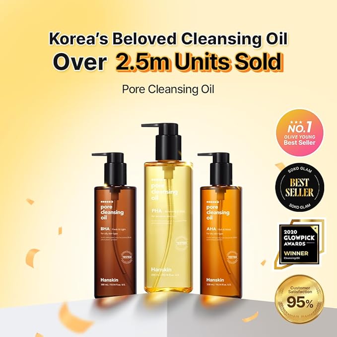 Hanskin Pore Cleansing Oil, Oil Cleanser for Face, Makeup Blackhead Sebum Remover, Korean Deep Pore Cleanser for Sensitive Skin [PHA] (10.14 oz)