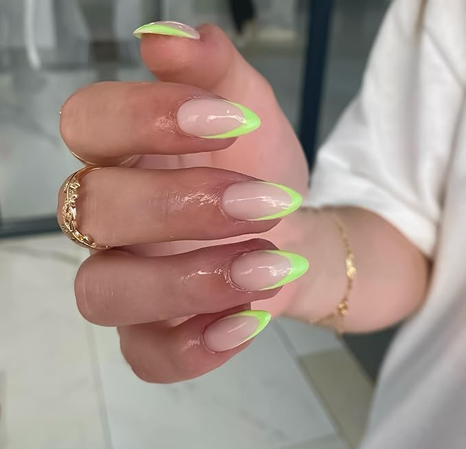 30Pcs Neon Green French Tip Press on Nails Short Almond Nails Press ons, Short Fake Nails Almond Shaped Acrylic French Glue on Nails False Nail for Women, Natural Stiletto Nail 15 Sizes