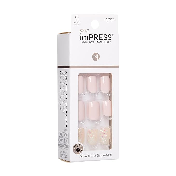 KISS imPRESS No Glue Mani Press On Nails, Design, 'Dorothy', Pink, Short Size, Squoval Shape, Includes 30 Nails, Prep Pad, Instructions Sheet, 1 Manicure Stick, 1 Mini File
