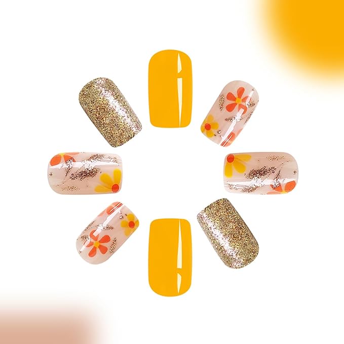 Square Press on Nails Medium False Nails with Glitter Leaves Flower Designs Yellow Fake Nails Glitter Nails Press ons Glossy Glue on Nails Fall Artificial Orange Stick on Nails for Women 24Pcs