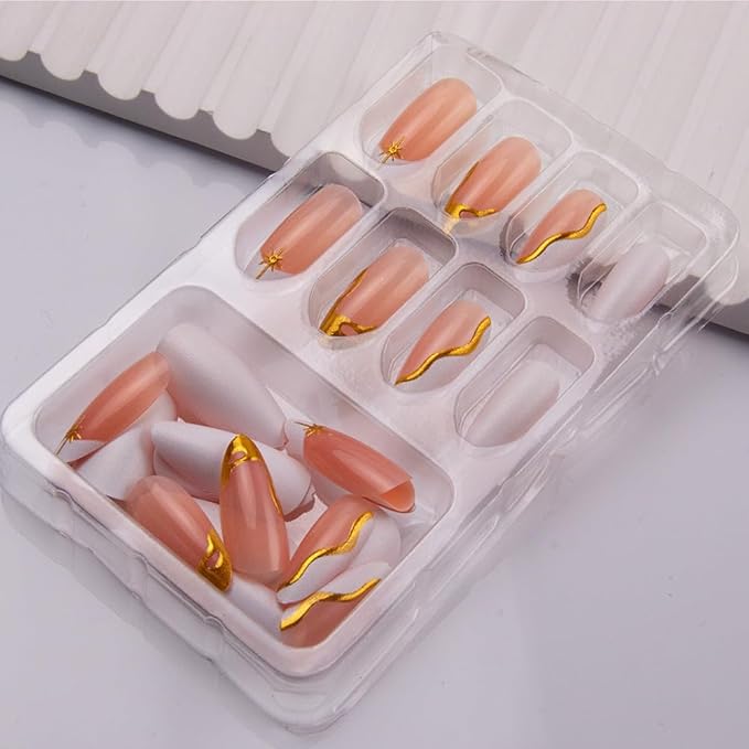 French Tip Press on Nails Almond Fake Nails with 3D Gold Line Sun Design White Acrylic False Nails Press ons Medium Glossy Full Cover Stick on Nails for Women Manicure 24Pcs