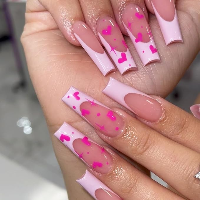Pink French Tip Press on Nails Long Square Valentine Fake Nails Heart Star Design False Nails Full Cover Glossy Love Glue on Nails for Women 24PCS