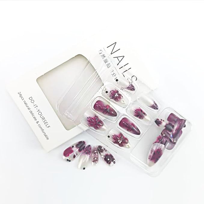 24Pcs 3D Flower Press on Nails Medium Almond Fake Nails with Gem Rhinestones Design Purple Floral Acrylic Nails Reusable French Tip Nail Full Cover Autumn False Nail for Women Manicure Decorations