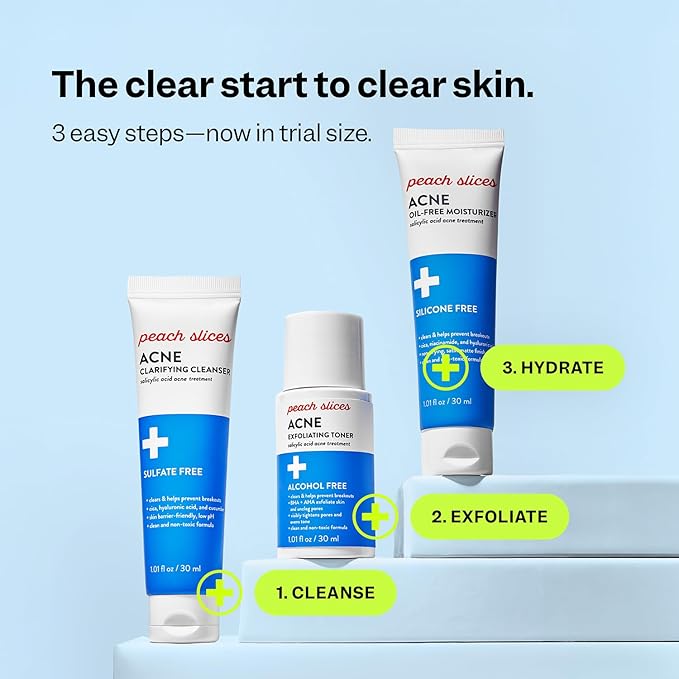 Peach Slices - 3-Step Acne Starter Kit (3 Products) - Skin Care Set - 1 Toner, 1 Cleanser, 1 Oil Free Moisturizer - 2% Salicylic Acid & Botanicals - Vegan & Cruelty Free - Korean Skin Care & Beauty