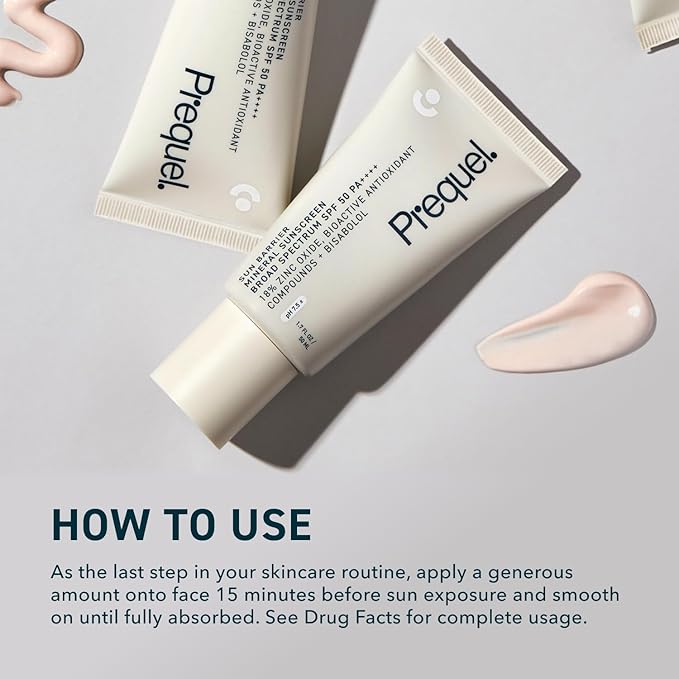 Prequel Skin Sun Barrier Mineral Sunscreen SPF 50. PA++++ Broad Spectrum Zinc Oxide Sunblock with Semi-Transparent Lightweight Texture. Moisturizing UV Defense for Face. Travel Size, 1.7oz