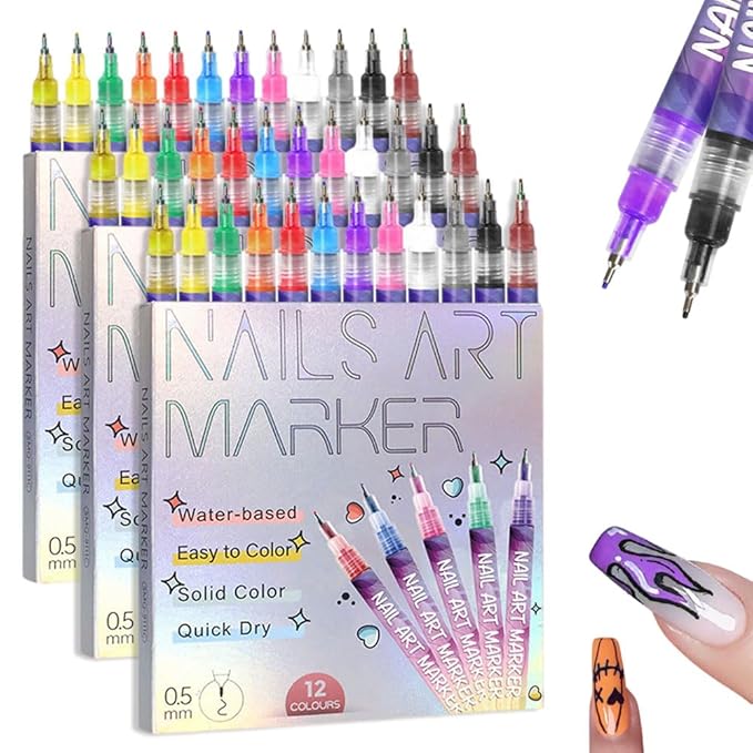 12 Colors Nail Art Pens Set, 2026 New Nail Art Markers for Gel Nails, 3D Nail Polish Markers Quick Dry Dotting Point Liner Pens Acrylic Paint Pens for Drawing Painting DIY Nail Art (3 Set)