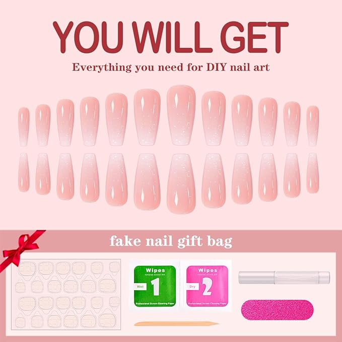 Yivaiks Bling Coffin Press on Nails Medium Fake Nails Tips Full Cover False Gradient stick on Artificial Nails Kit 24pcs