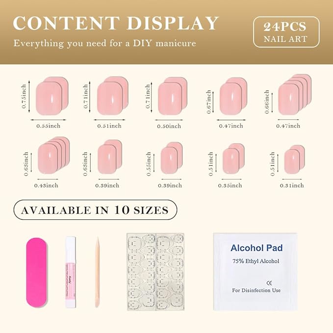 evpct Warm Pink Press on Nails Short Midium Oval for Women Gift, Glossy Pink Fake Nail with Soft Gel Salon Quality Reusable Stick on Nails Full Cover Artificial Nail Glue Soft Gel Set Kit 24Pcs, 01