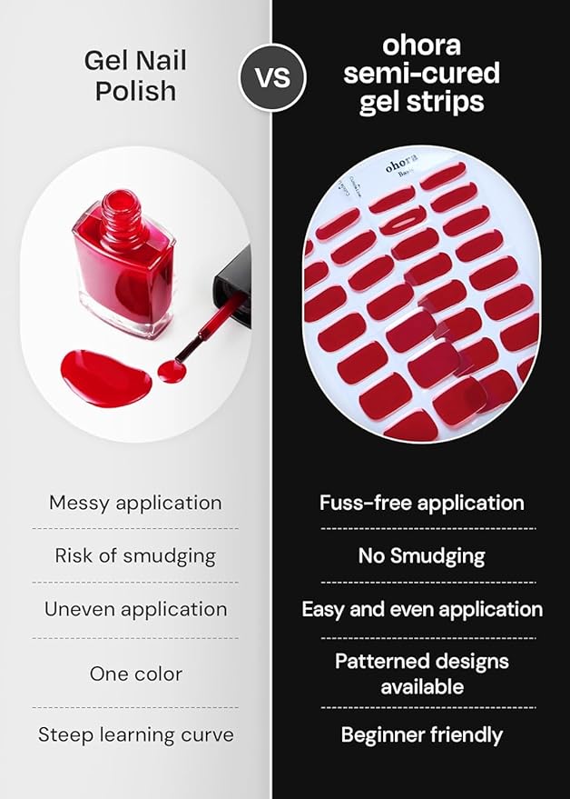 ohora Semi Cured Gel Nail Strips (N Love-Sign) - Red, Patterned, Works with Any UV/LED Lamps, Salon-Quality, Long Lasting, Easy to Apply & Remove - Includes 2 Prep Pads, Nail File & Wooden Stick