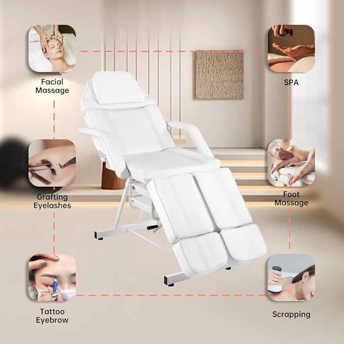 Facial Chair, Foldable Tattoo Chair with Split Legs Hydraulic Stool Massage Table Spa Bed for Beauty Capacity 330lbs White