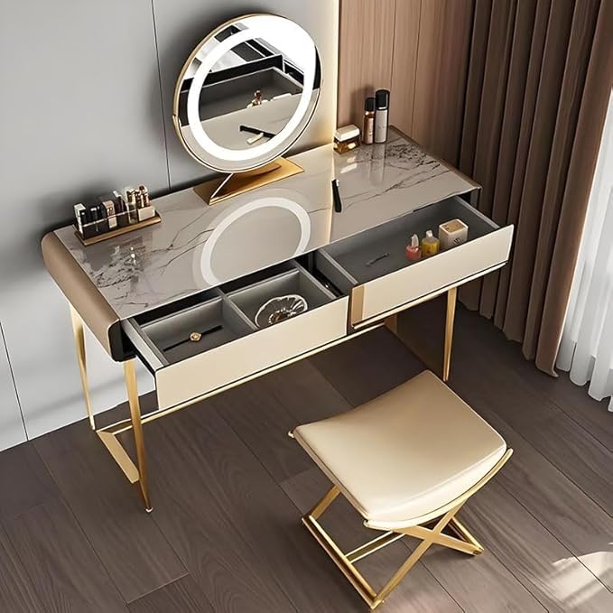 Luxury Modern Vanity Stool with Gold X-Frame Metal Legs, Cream Leather Ottoman Bench Seat for Bathroom, Living Room, Makeup, 17.72 x 14.96 inches (Black)