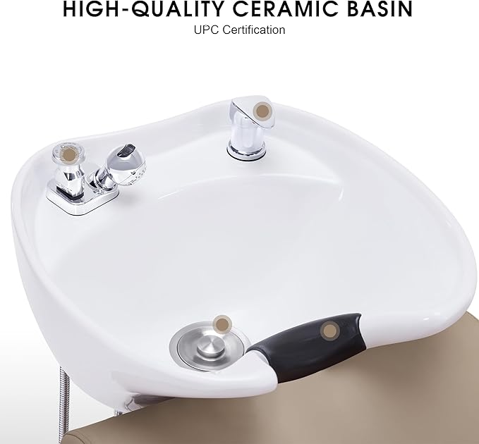 BarberPub Backwash Shampoo Station Chair, Adjustable Porcelain Ceramic Hair Wash Bowl with Chair, Shampoo Station for Barber Shop, Spa Beauty Salon Equipment 9364 (Creamy White)