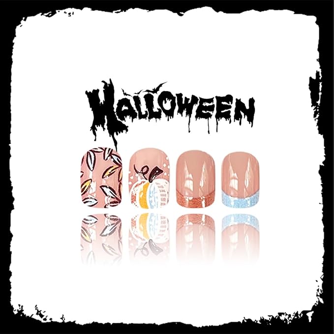 24Pcs Halloween French Tip Press on Nails Short Square Fake Nail Fall False Nail with Colorful Pumpkin Leaf Designs Blue Brown French Tip Nails Press ons Full Cover Glossy Glue on Nails for Women