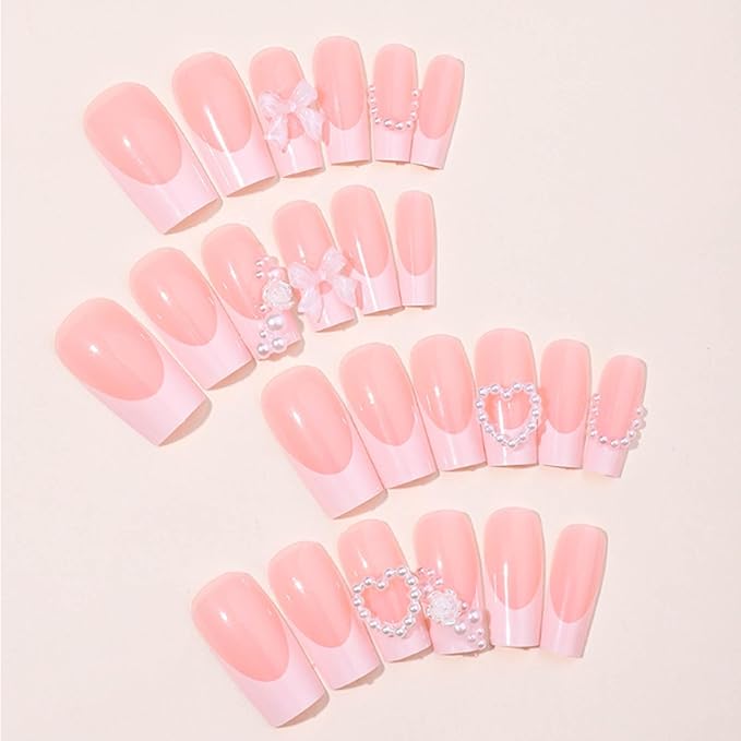 Pink Fake Nails Bow False Nails Full Cover Acrylic Square Medium French Flower Fake Nails for Women and Girls 24PCS
