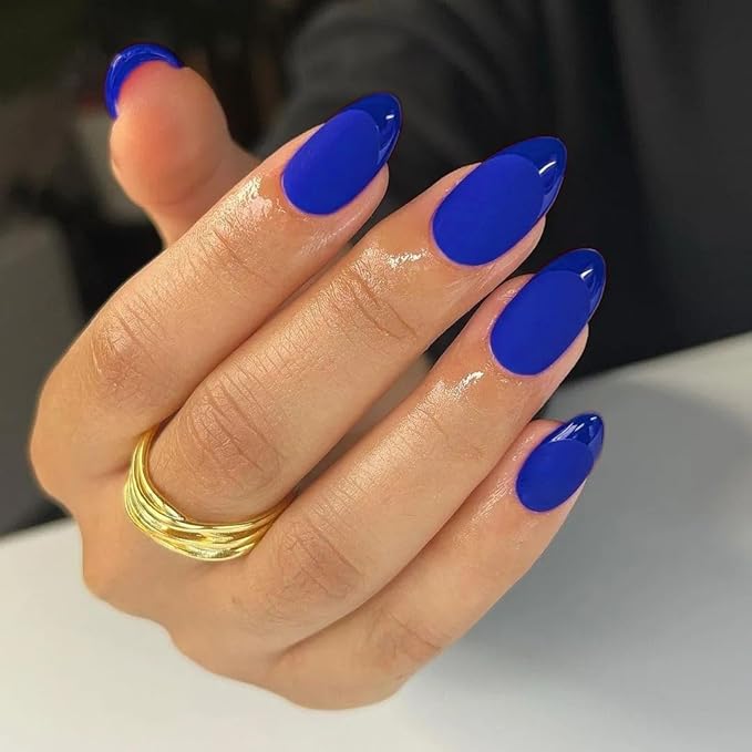 Royal Blue French Tip Press ons, Press on Nails Medium Almond Glue on Nails Short Acrylic Glue on Nail Gel Fake Nail False for Women Fall Winter, in 32 Pcs 16 Sizes