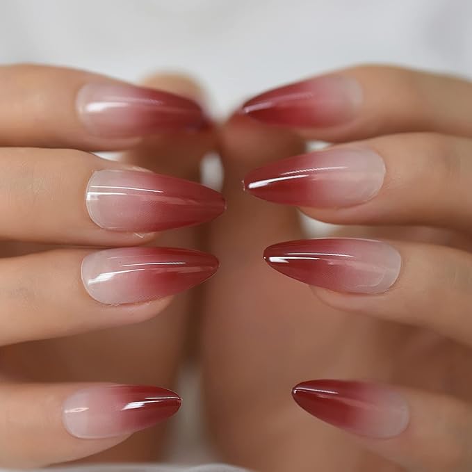 Medium Length Almond Press on False Nails Red Gradient French Fake Nails Salon Manicure Reusable Nails Art Tips DIY at home