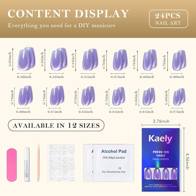 evpct Violet Purple Cat Eye Coffin Press on Nails Square Medium, Medium Square Glue on Nail for Women Gift, Purple Metallic Glitter Glossy Reusable Soft Gel Press on Acrylic Fake Nail with Designs