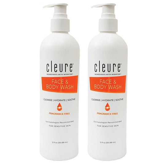 Cleure Face and Body Cleanser - Hypoallergenic, Fragrance-Free Body Wash for Sensitive Skin & Eczema - Paraben & Sulfate Free, PH Balanced Body Soap (12 oz, Pack of 2)