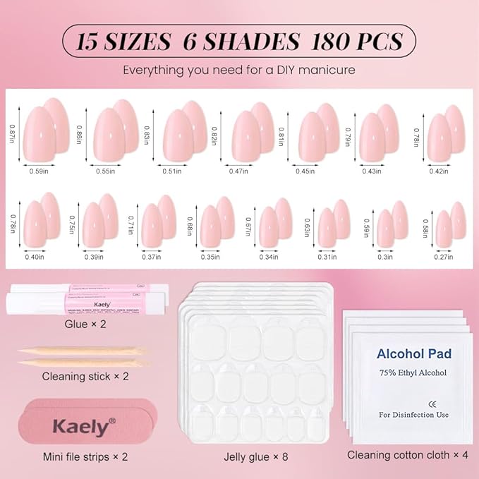 evpct 6 Colors Glossy Press on Nails Short Almond for Women, Glossy Fake Nail with Glue Salon Quality Reusable Stick on Nails In 15 Sizes 180Pcs Full Cover False Nail Soft Gel Set Kit for Gift, Set01