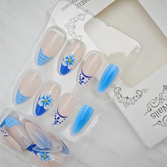 24Pcs Blue Flower Press on Nails Short Almond French Tip Fake Nails 3D Gold Rhinestones Flower Core Design Summer Starfish False Nails Cute Stick on Nails Full Cover Glue on Nails for Women Acrylic