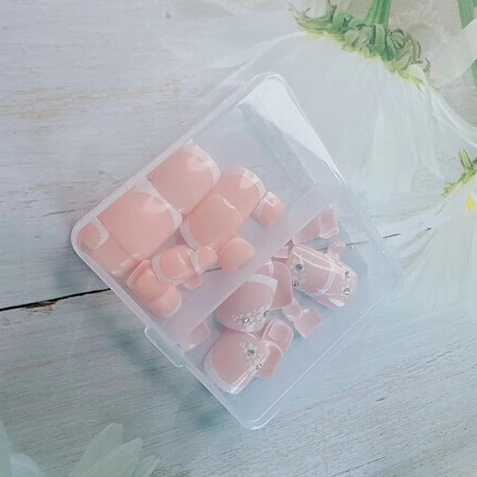 French Tip Press on Toenails Pink Fake Toe Nails with Floral Design Summer False Toenails White French Tips Toe Nails Kit Press ons Glossy Cute Toenails Flower Rhinestones Nails for Women 48Pcs