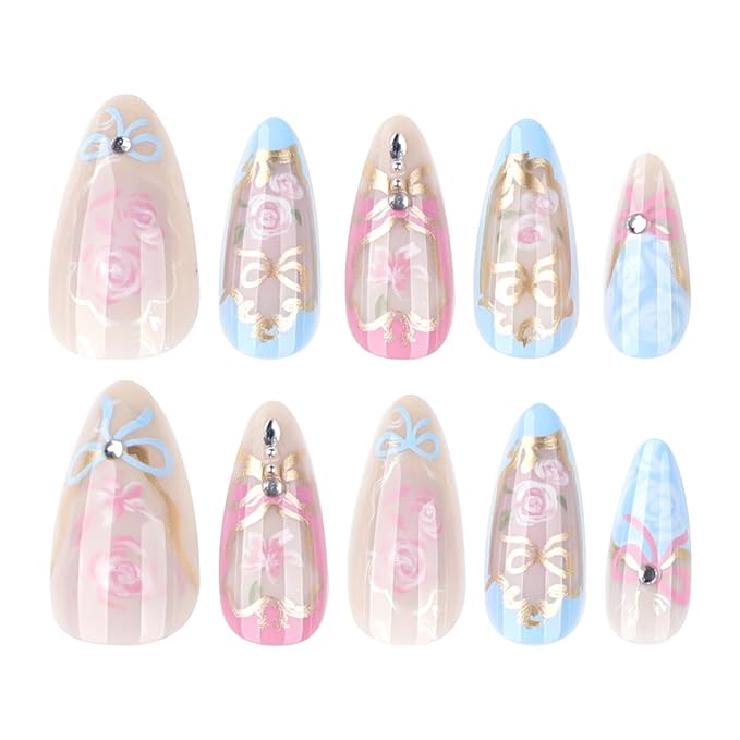 24Pcs Almond Press on Nails Medium French Nails Press ons False Nail with Bow Flower Designs Pink Blue Rose Bow Glue on Nails with Rhinestones Glossy Reusable Acrylic Nail for Women