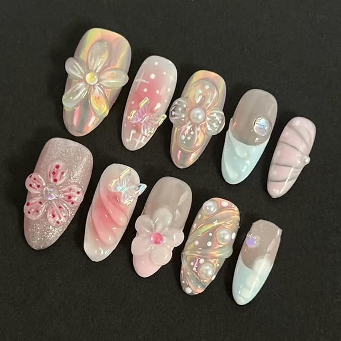 Handmade Press on Nails Almond Fake Nails with 3D Flower Designs Pearls Butterfly Charms French Tip False Nail Aurora Medium Acrylic Stick on Nails Full Cover Embossed Flower Nails for Women,30pcs