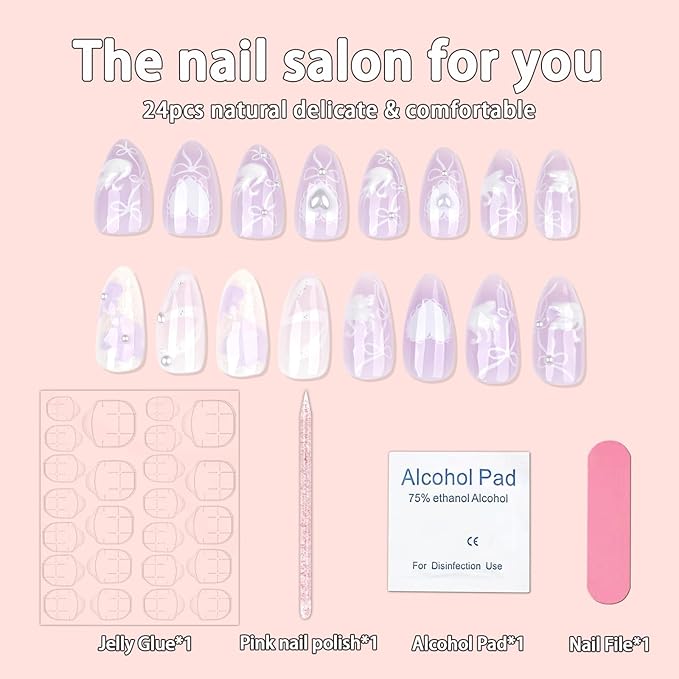 24Pcs White Bow Press on Nails Medium Almond Fake Nails with Pearl Heart Rhinestones Design False Nails Purple Flower Glue on Nails Cute Bows Floral Acrylic Nails Full Cover Stick on Nails for Women