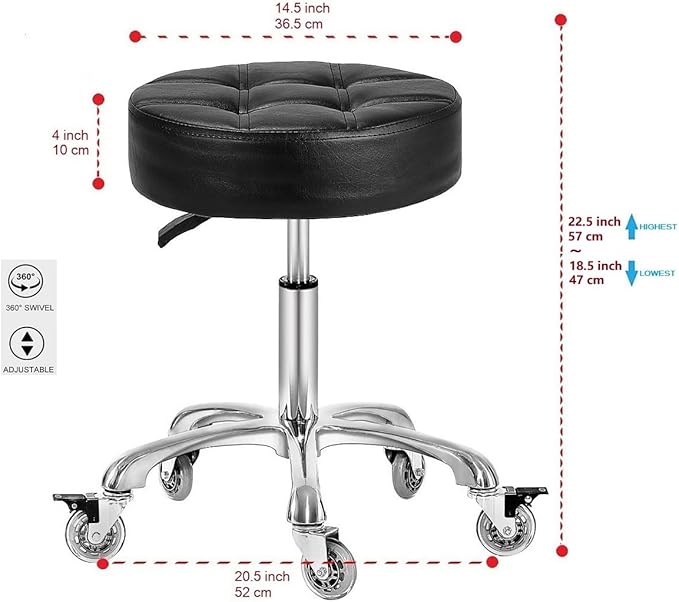 Adjustable Heavy Duty Stool - Rolling Stools with Locking Caster Wheels - Swivel Stools Backless Chair for Beauty Hair Salon Spa Home Kitchen Office Shop Massage(Black, Height 18 to 22 in)