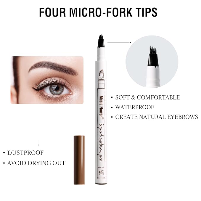 Music Flower Eyebrow Pen, Liquid Eyebrow Pen, Waterproof Brow Pencil with Micro-Fork Tip, Smudgeproof Long Lasting Fine Sketch Microblading Pen, Reddish Brown