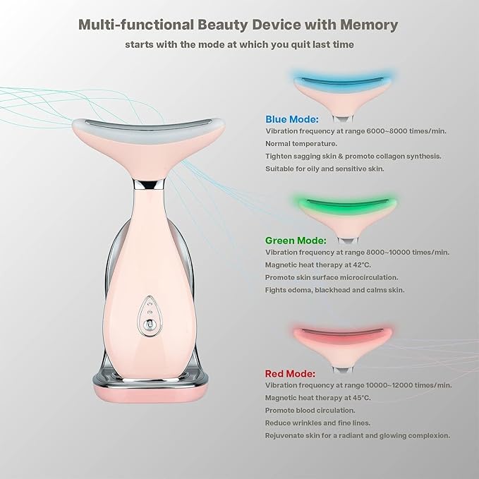 Lily Neck Face Massager, Face Sculpting Tool, Skin Rejuvenation Device with Thermal, Triple Action LED and Vibration, for Anti-Aging, Lifting and Tightening Sagging Skin (Pink)