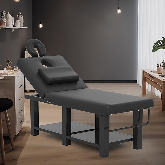 Heavy Duty Wide Stationary Massage Table Metal Frame PU Leather Spa Facial Professional Adjustable Massage Bed with Open-Chest & Headrest for Treatment Physical Therapy Tatoo Salon Equipment
