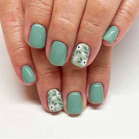 Short Square Fake Nails Green Fake Nails Flower with Leaf Design Cute False Nails Full Cover Acrylic Nails Artificial Nails Glossy Glue on Nails Floral Stick on Nails for Women Manicure 24Pcs