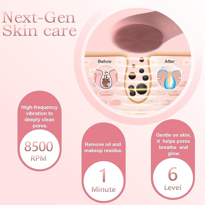 LZP Facial Cleansing Brush, Silicone Electric Exfoliator Scrubber with 6 Speeds, Rechargeable Face Scrubber for Cleansing, Exfoliating and Massaging, Waterproof Face Scrub Brush for Men & Women