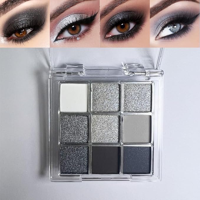 Black Smoky Eye shadow Palette, 9 Colors True Black Dark Grey Smokey Goth Makeup Pallet, 9 Soft Matte Shimmer High Pigmented Basic Black White silver eye shadow for Halloween