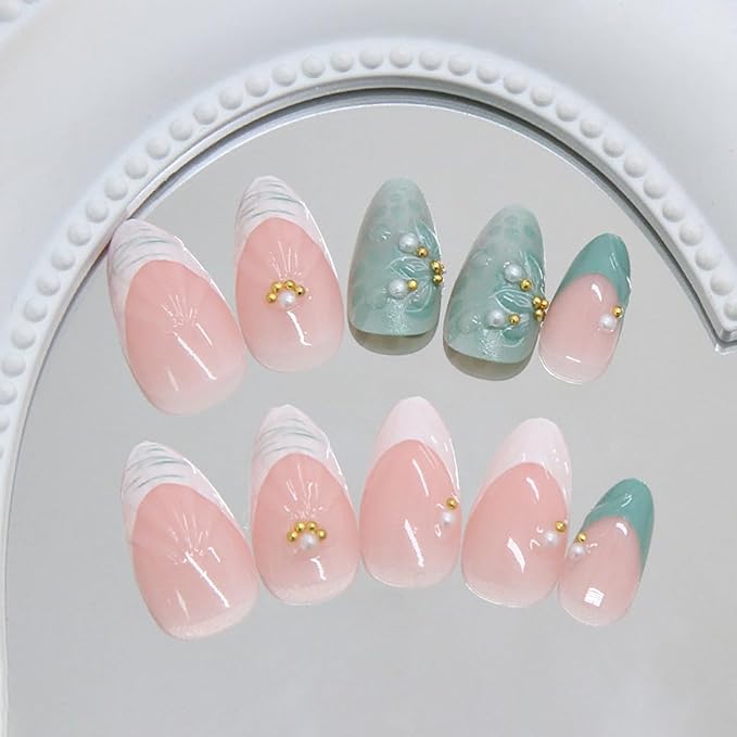 Summer Press on Nails Short Almond Fake Nails French Tips False Nails 3D Floral Ripple Nude Blue with Rhinestones Design Glossy Stick on Nail for Women Decoration Nail Art Accessories